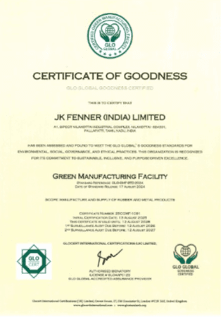JK Fenner green certification certificate